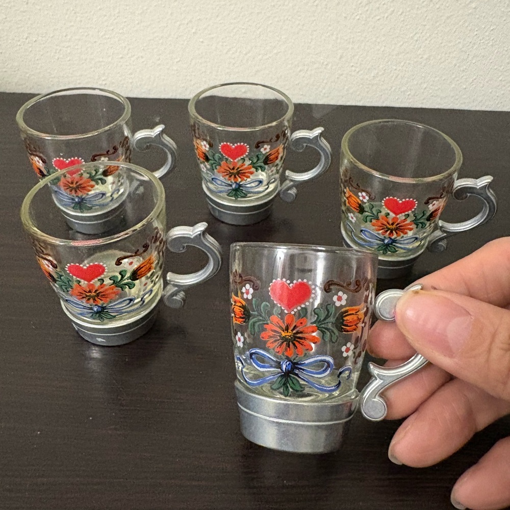 Set of 5 shot Glass Cups with Silver Accents- made In France